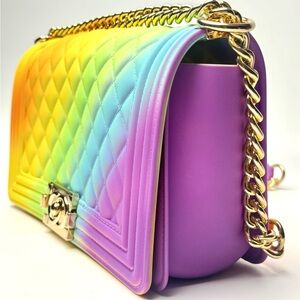 Rainbow Quilted Jelly Crossbody Bag Gold Chain Colorful Statement Purse